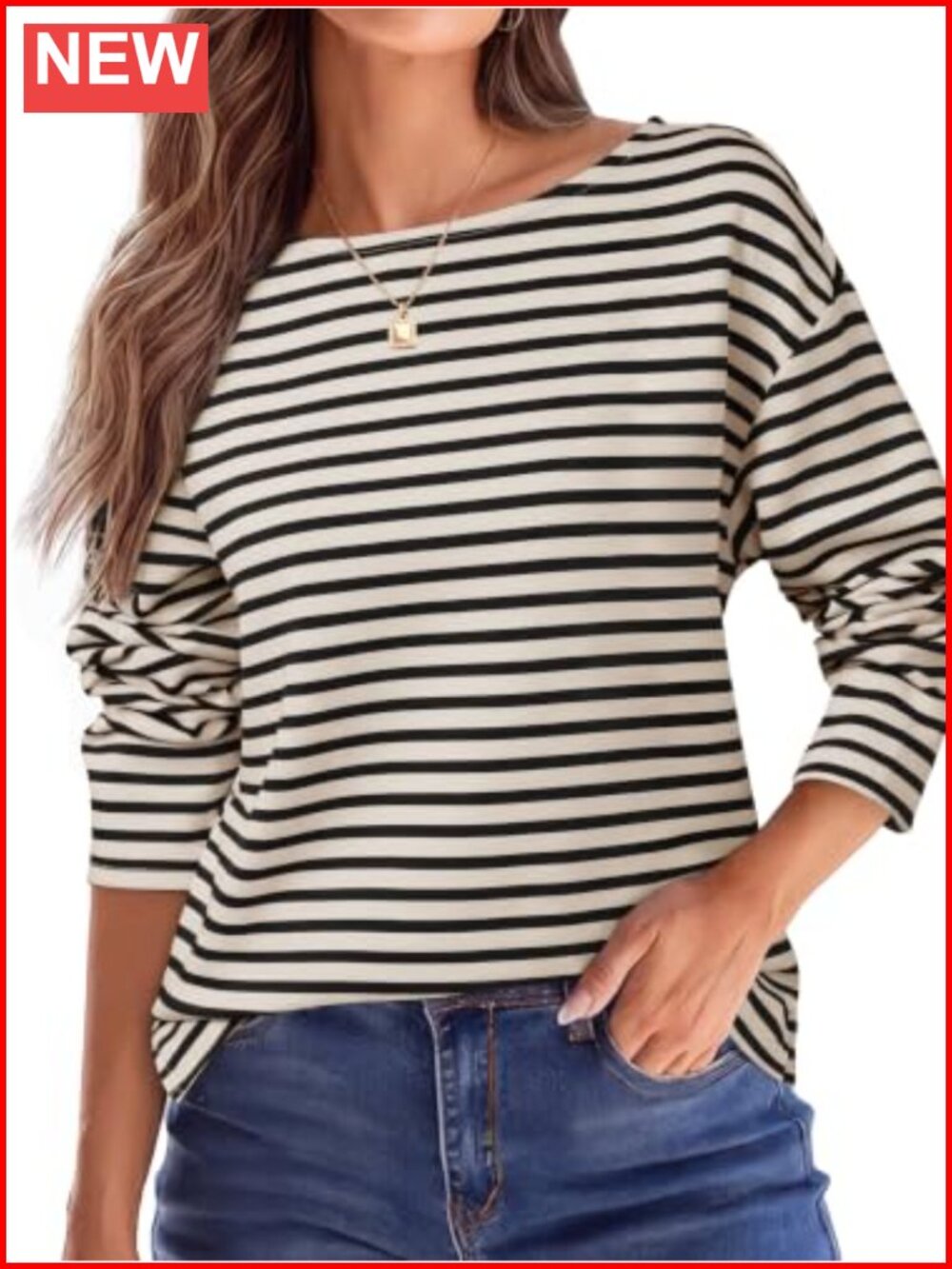 Womens Boat Neck Striped Long Sleeve Relaxed Fit Knit Top